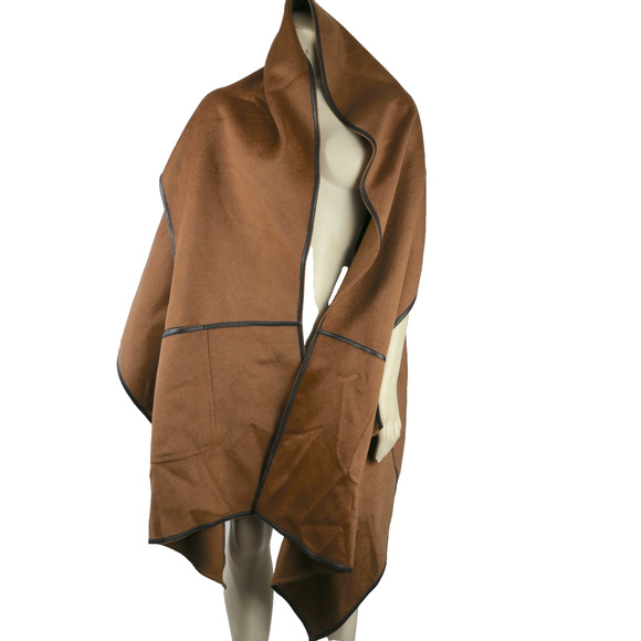 Lafayette 148 Camel Brown Cashmere Wrap Cape One Size Leather Trim Luxe Shawl - Picture 4 of 16